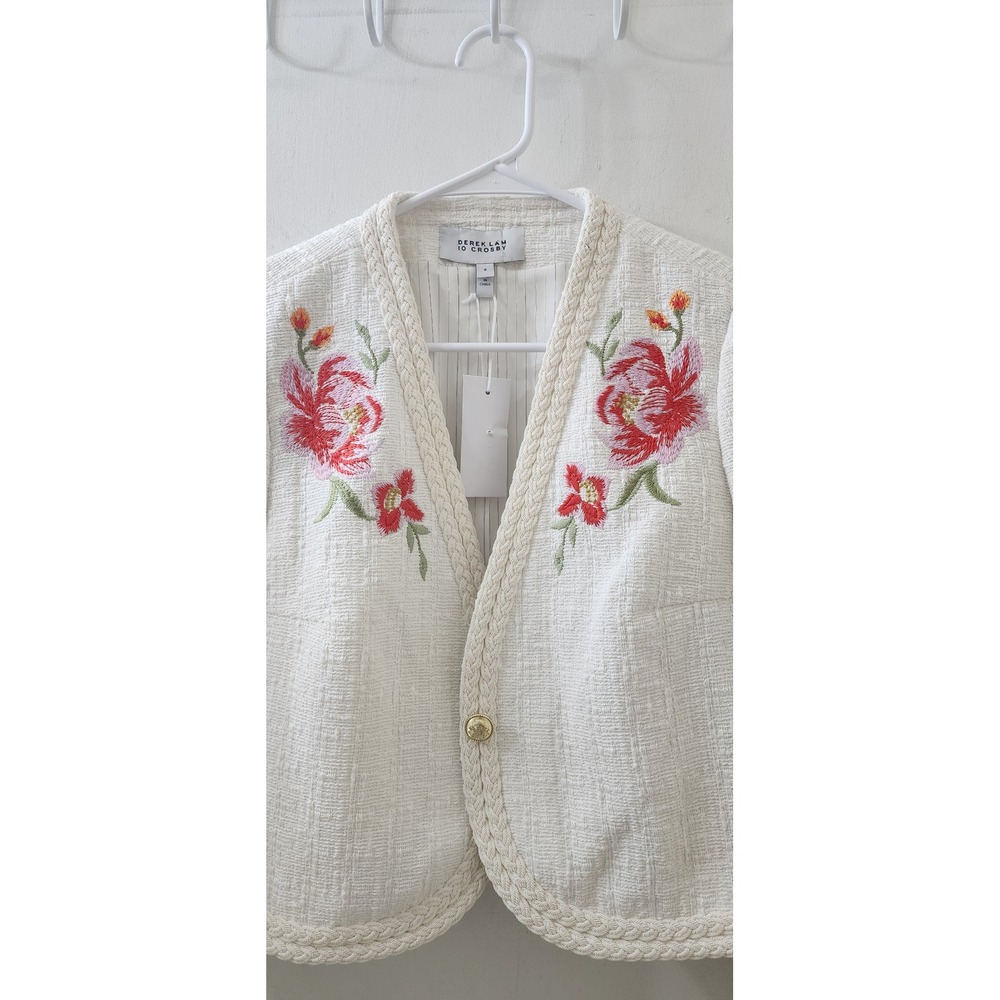 Derek Lam 10 Crosby White Floral Embroidered Tweed Jacket Braided Trim 8 - Picture 3 of 10